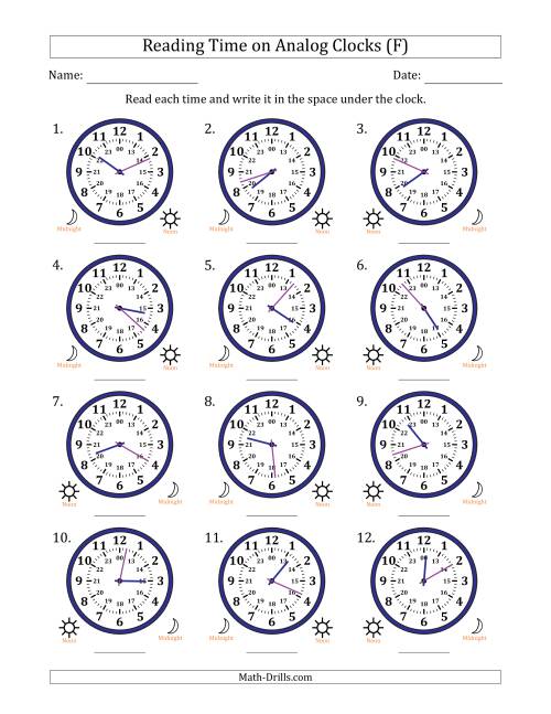 The Reading 24 Hour Time on Analog Clocks in 1 Minute Intervals (12 Clocks) (F) Math Worksheet