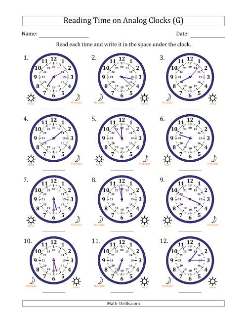 The Reading 24 Hour Time on Analog Clocks in 1 Minute Intervals (12 Clocks) (G) Math Worksheet