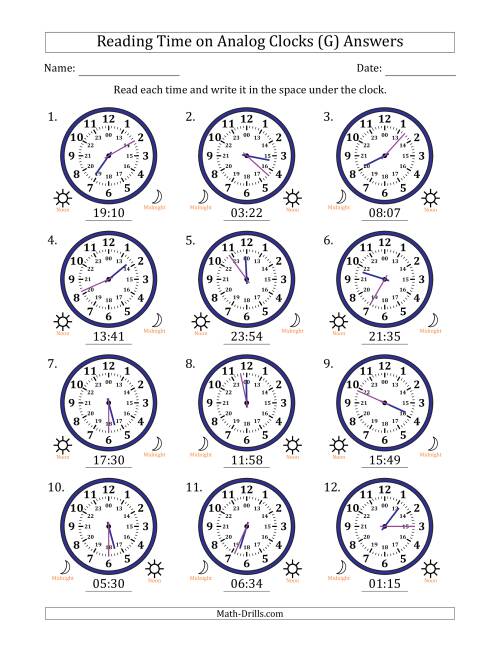 The Reading 24 Hour Time on Analog Clocks in 1 Minute Intervals (12 Clocks) (G) Math Worksheet Page 2