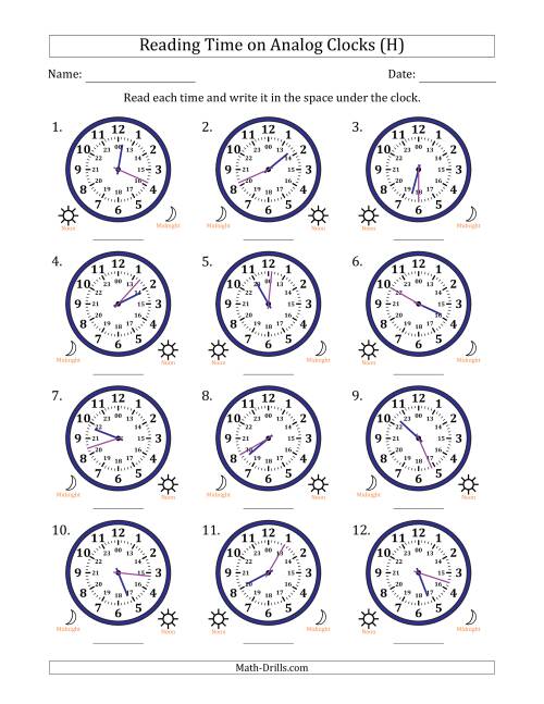 The Reading 24 Hour Time on Analog Clocks in 1 Minute Intervals (12 Clocks) (H) Math Worksheet