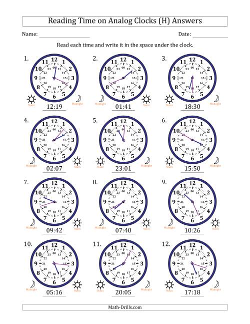 The Reading 24 Hour Time on Analog Clocks in 1 Minute Intervals (12 Clocks) (H) Math Worksheet Page 2