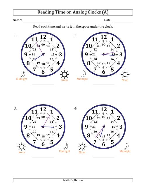 The Reading 24 Hour Time on Analog Clocks in 1 Minute Intervals (4 Large Clocks) (A) Math Worksheet