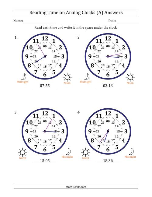 The Reading 24 Hour Time on Analog Clocks in 1 Minute Intervals (4 Large Clocks) (A) Math Worksheet Page 2