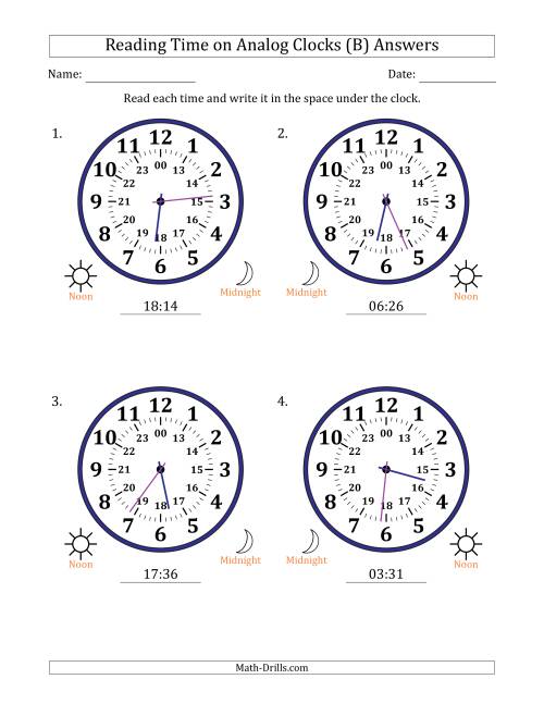 The Reading 24 Hour Time on Analog Clocks in 1 Minute Intervals (4 Large Clocks) (B) Math Worksheet Page 2