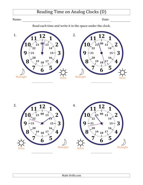 The Reading 24 Hour Time on Analog Clocks in 1 Minute Intervals (4 Large Clocks) (D) Math Worksheet