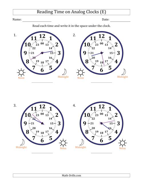 The Reading 24 Hour Time on Analog Clocks in 1 Minute Intervals (4 Large Clocks) (E) Math Worksheet