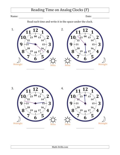 The Reading 24 Hour Time on Analog Clocks in 1 Minute Intervals (4 Large Clocks) (F) Math Worksheet