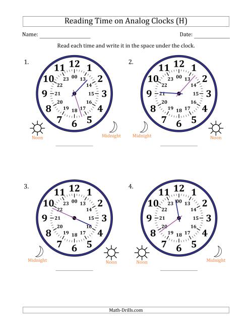 The Reading 24 Hour Time on Analog Clocks in 1 Minute Intervals (4 Large Clocks) (H) Math Worksheet