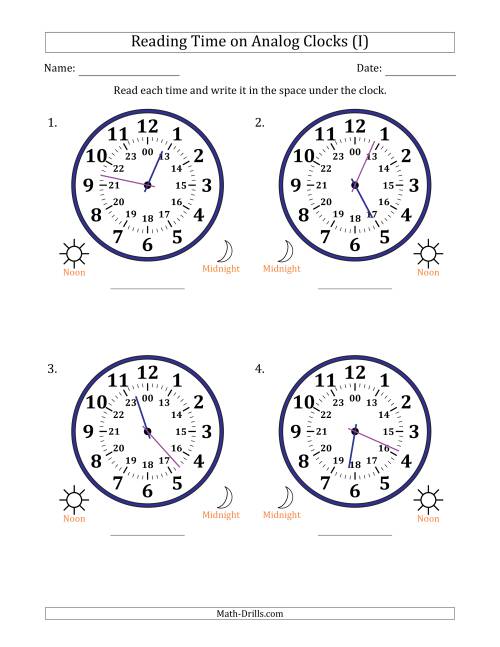 The Reading 24 Hour Time on Analog Clocks in 1 Minute Intervals (4 Large Clocks) (I) Math Worksheet