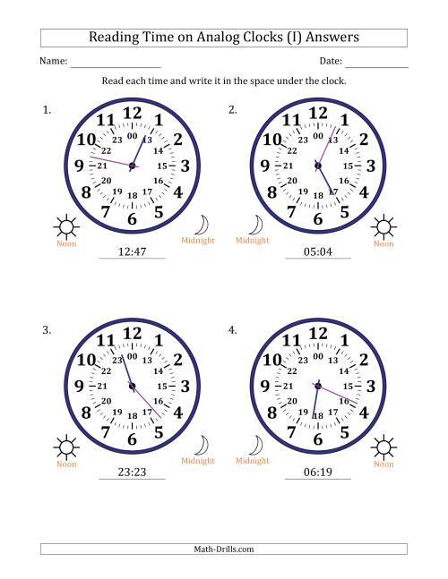 The Reading 24 Hour Time on Analog Clocks in 1 Minute Intervals (4 Large Clocks) (I) Math Worksheet Page 2