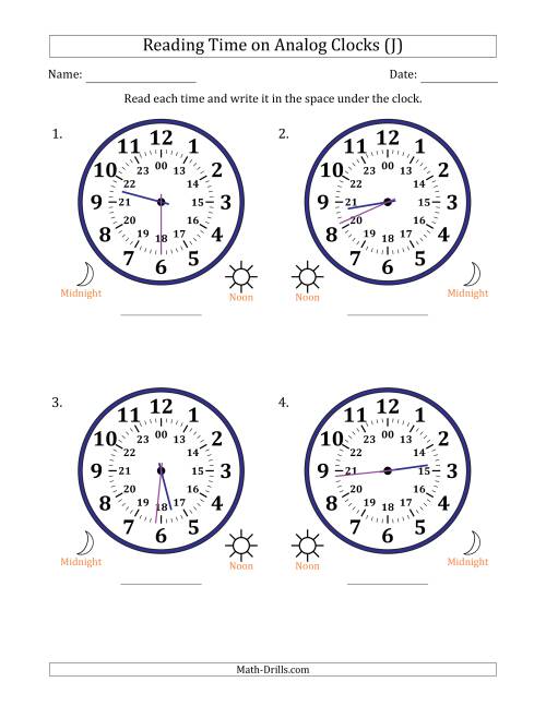 The Reading 24 Hour Time on Analog Clocks in 1 Minute Intervals (4 Large Clocks) (J) Math Worksheet