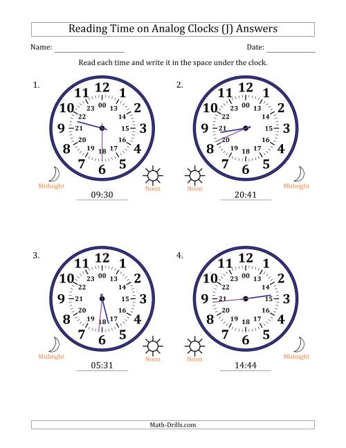 The Reading 24 Hour Time on Analog Clocks in 1 Minute Intervals (4 Large Clocks) (J) Math Worksheet Page 2