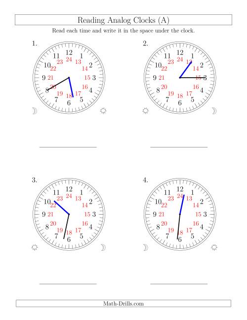 The Reading Time on 24 Hour Analog Clocks in 1 Minute Intervals (Large Clocks) (Old) Math Worksheet