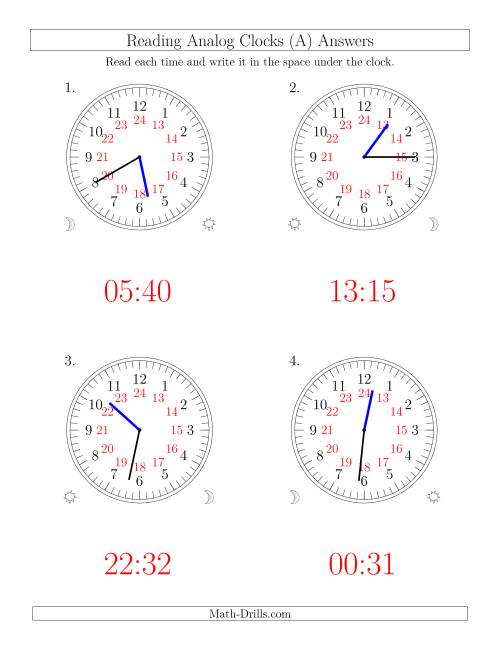 The Reading Time on 24 Hour Analog Clocks in 1 Minute Intervals (Large Clocks) (Old) Math Worksheet Page 2