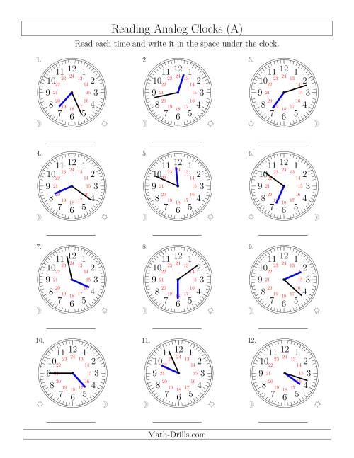 The Reading Time on 24 Hour Analog Clocks in 1 Minute Intervals (Old) Math Worksheet