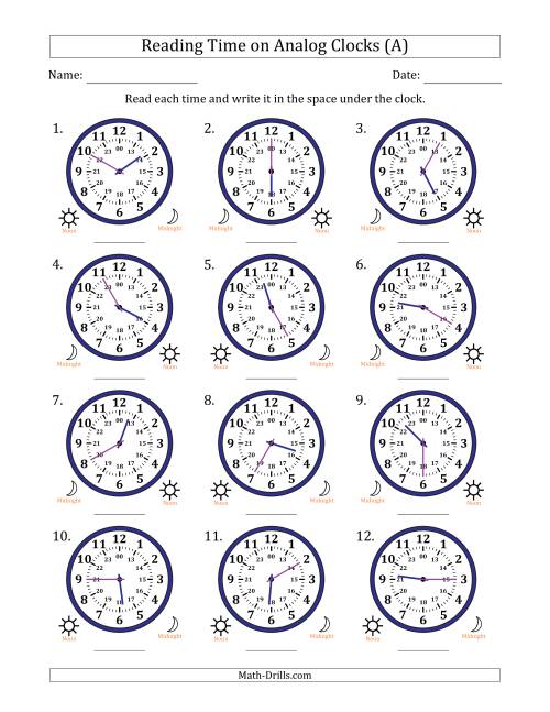 The Reading 24 Hour Time on Analog Clocks in 5 Minute Intervals (12 Clocks) (A) Math Worksheet