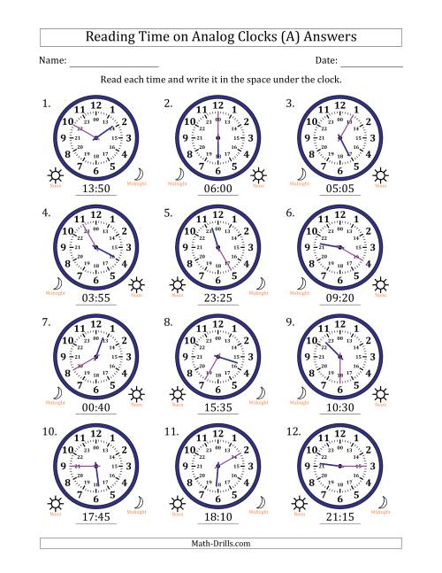 The Reading 24 Hour Time on Analog Clocks in 5 Minute Intervals (12 Clocks) (A) Math Worksheet Page 2