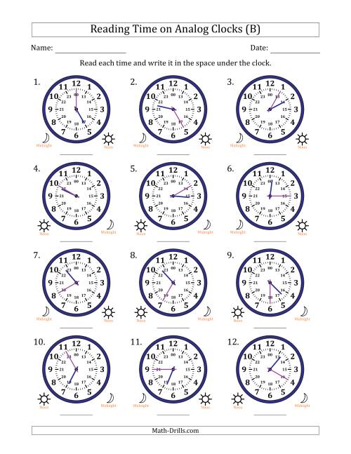 The Reading 24 Hour Time on Analog Clocks in 5 Minute Intervals (12 Clocks) (B) Math Worksheet