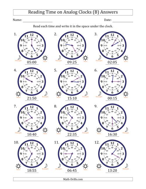 The Reading 24 Hour Time on Analog Clocks in 5 Minute Intervals (12 Clocks) (B) Math Worksheet Page 2