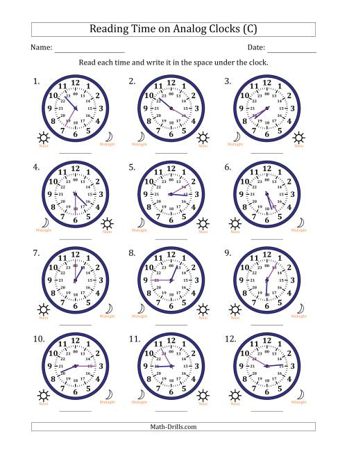The Reading 24 Hour Time on Analog Clocks in 5 Minute Intervals (12 Clocks) (C) Math Worksheet