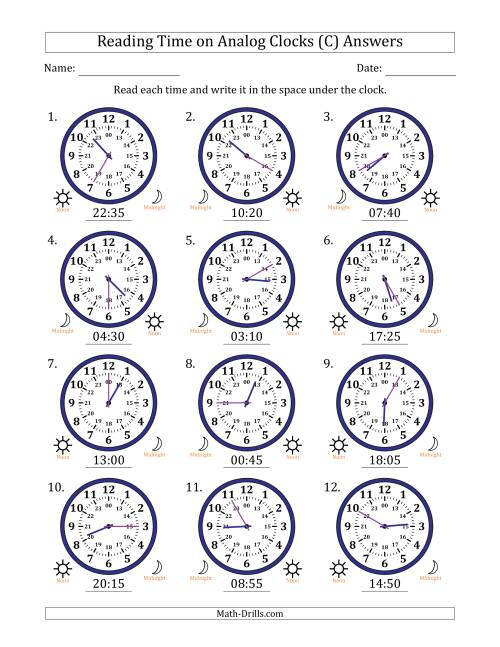 The Reading 24 Hour Time on Analog Clocks in 5 Minute Intervals (12 Clocks) (C) Math Worksheet Page 2