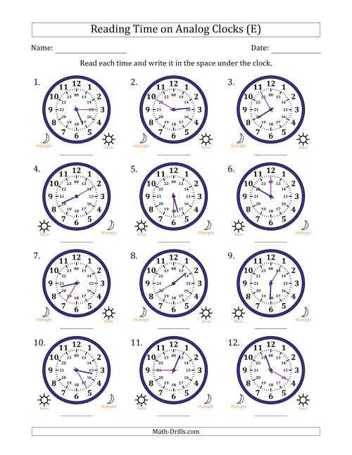 The Reading 24 Hour Time on Analog Clocks in 5 Minute Intervals (12 Clocks) (E) Math Worksheet