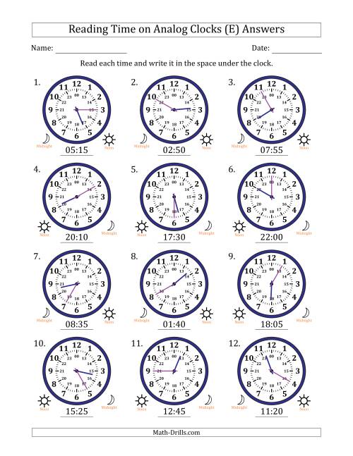 The Reading 24 Hour Time on Analog Clocks in 5 Minute Intervals (12 Clocks) (E) Math Worksheet Page 2