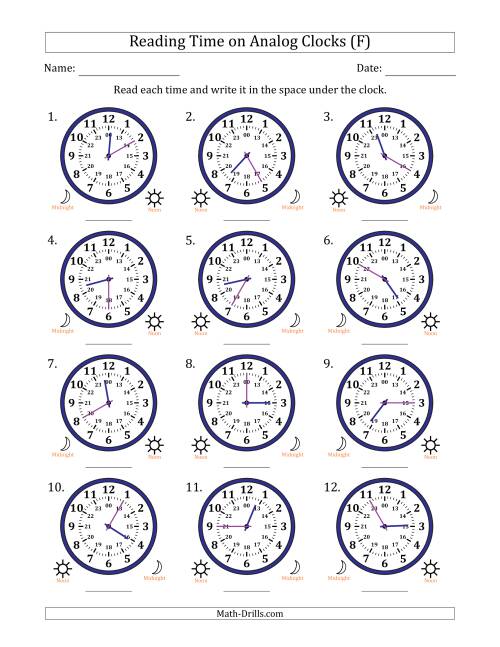 The Reading 24 Hour Time on Analog Clocks in 5 Minute Intervals (12 Clocks) (F) Math Worksheet