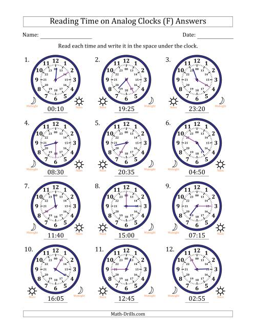 The Reading 24 Hour Time on Analog Clocks in 5 Minute Intervals (12 Clocks) (F) Math Worksheet Page 2