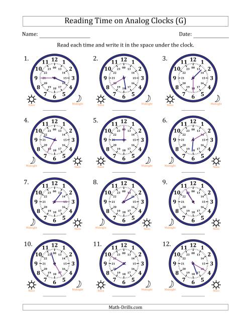 The Reading 24 Hour Time on Analog Clocks in 5 Minute Intervals (12 Clocks) (G) Math Worksheet