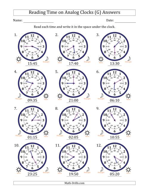 The Reading 24 Hour Time on Analog Clocks in 5 Minute Intervals (12 Clocks) (G) Math Worksheet Page 2