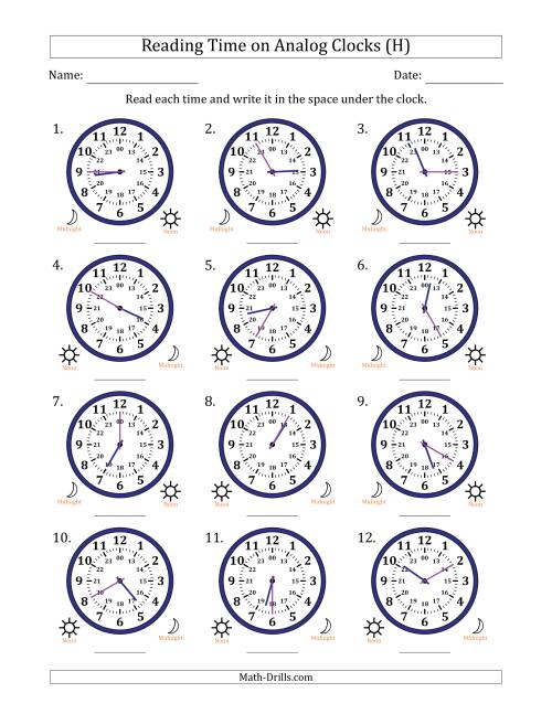 The Reading 24 Hour Time on Analog Clocks in 5 Minute Intervals (12 Clocks) (H) Math Worksheet