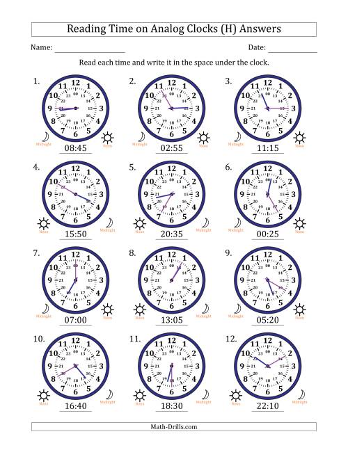 The Reading 24 Hour Time on Analog Clocks in 5 Minute Intervals (12 Clocks) (H) Math Worksheet Page 2