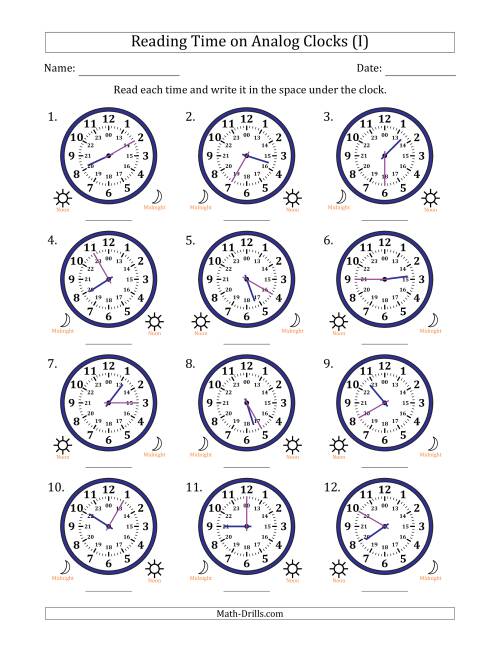 The Reading 24 Hour Time on Analog Clocks in 5 Minute Intervals (12 Clocks) (I) Math Worksheet