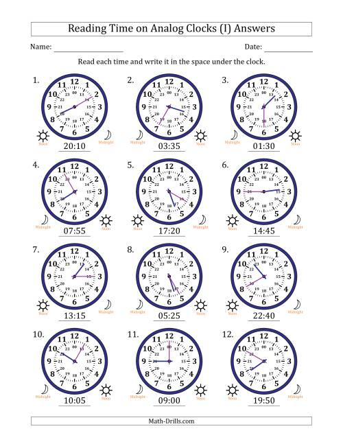 The Reading 24 Hour Time on Analog Clocks in 5 Minute Intervals (12 Clocks) (I) Math Worksheet Page 2