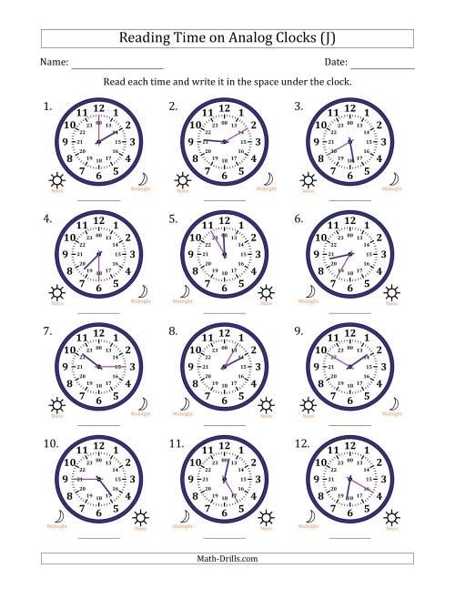 The Reading 24 Hour Time on Analog Clocks in 5 Minute Intervals (12 Clocks) (J) Math Worksheet