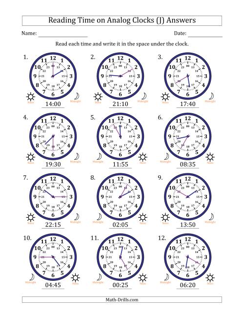 The Reading 24 Hour Time on Analog Clocks in 5 Minute Intervals (12 Clocks) (J) Math Worksheet Page 2