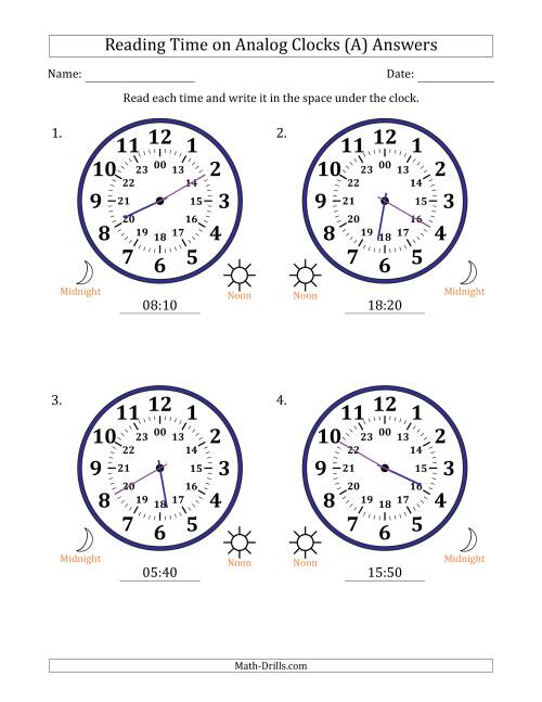 The Reading 24 Hour Time on Analog Clocks in 5 Minute Intervals (4 Large Clocks) (A) Math Worksheet Page 2