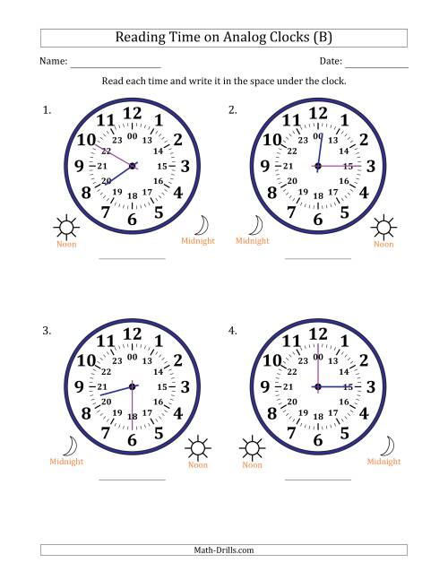 The Reading 24 Hour Time on Analog Clocks in 5 Minute Intervals (4 Large Clocks) (B) Math Worksheet