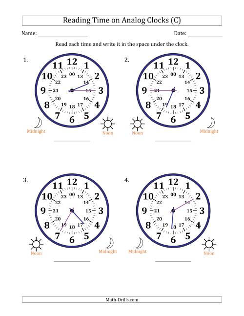 The Reading 24 Hour Time on Analog Clocks in 5 Minute Intervals (4 Large Clocks) (C) Math Worksheet
