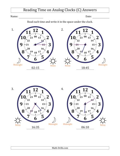 The Reading 24 Hour Time on Analog Clocks in 5 Minute Intervals (4 Large Clocks) (C) Math Worksheet Page 2