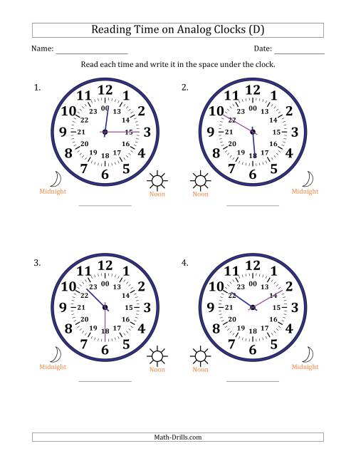 The Reading 24 Hour Time on Analog Clocks in 5 Minute Intervals (4 Large Clocks) (D) Math Worksheet