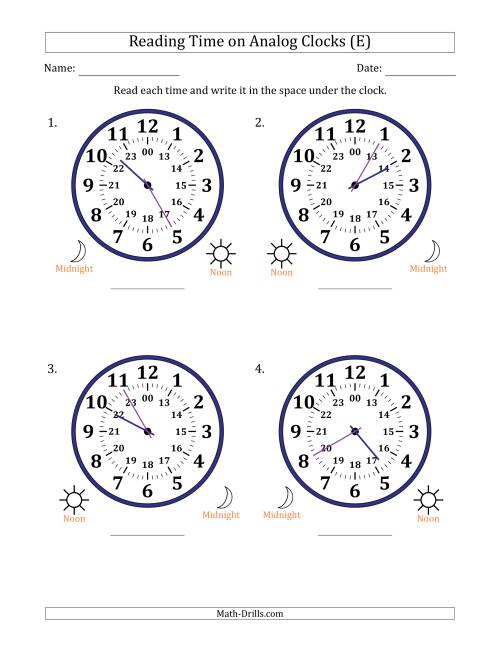 The Reading 24 Hour Time on Analog Clocks in 5 Minute Intervals (4 Large Clocks) (E) Math Worksheet