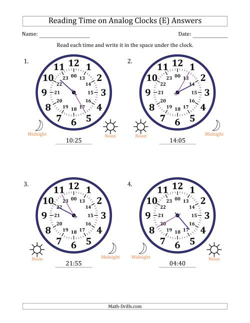 The Reading 24 Hour Time on Analog Clocks in 5 Minute Intervals (4 Large Clocks) (E) Math Worksheet Page 2