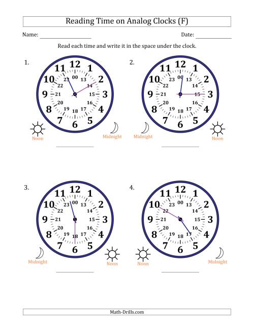 The Reading 24 Hour Time on Analog Clocks in 5 Minute Intervals (4 Large Clocks) (F) Math Worksheet