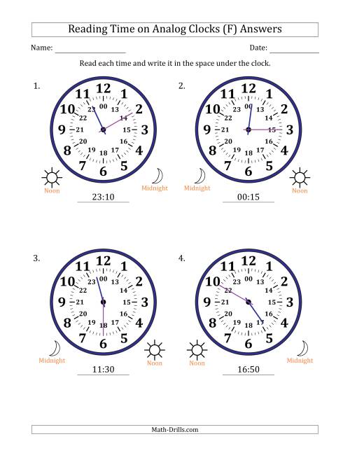 The Reading 24 Hour Time on Analog Clocks in 5 Minute Intervals (4 Large Clocks) (F) Math Worksheet Page 2