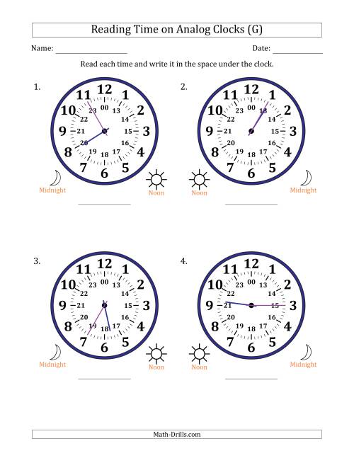 The Reading 24 Hour Time on Analog Clocks in 5 Minute Intervals (4 Large Clocks) (G) Math Worksheet