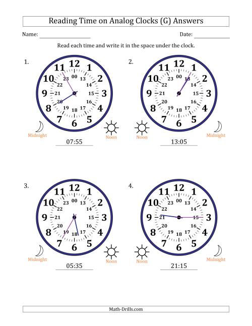 The Reading 24 Hour Time on Analog Clocks in 5 Minute Intervals (4 Large Clocks) (G) Math Worksheet Page 2