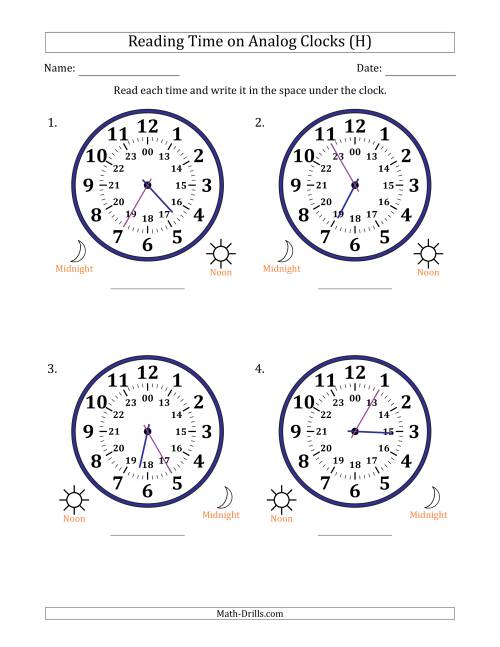 The Reading 24 Hour Time on Analog Clocks in 5 Minute Intervals (4 Large Clocks) (H) Math Worksheet