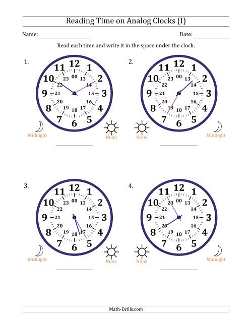 The Reading 24 Hour Time on Analog Clocks in 5 Minute Intervals (4 Large Clocks) (I) Math Worksheet
